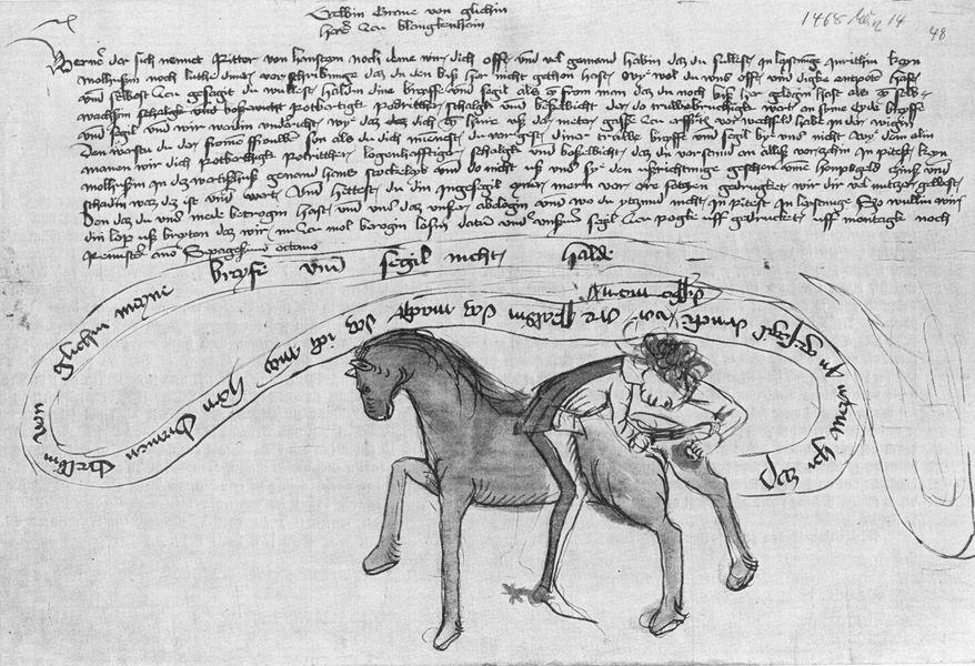 Schmähbrief mit Schandbild des Grafen Erwin von Gleichen zu Blankenstein gegen den Ritter Werner von Hanstein, 14. März 1468