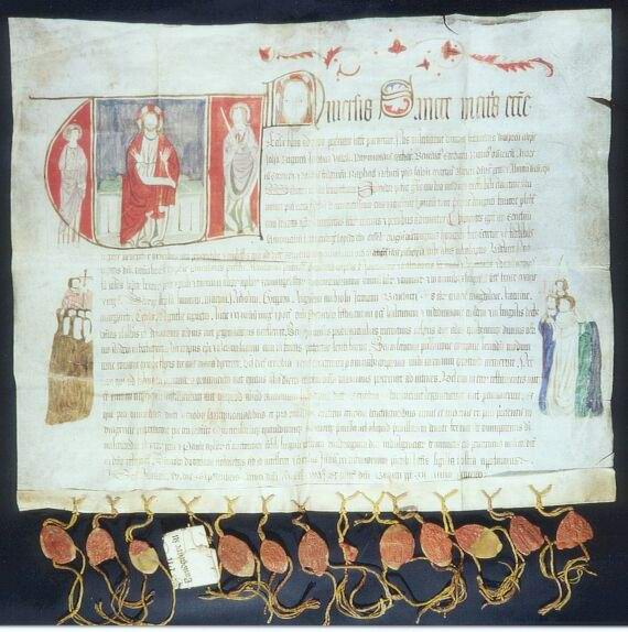 Ablassbrief des Erzbischofs Franciscus von Vosprum und weiterer Bischöfe zugunsten des Augustiner-Chorfrauenstifts Ahnaberg in Kassel, Avignon 15. September 1336
