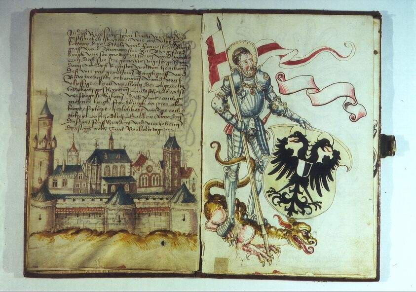 Salbuch (Libell) des Klosters Naumburg (Wetterau) zu Kaichen mit Abbildungen der Burg Friedberg und dem Hl. Georg als Schutzpatron der Burg. Bebilderte Handschrift, 5. Dezember 1514