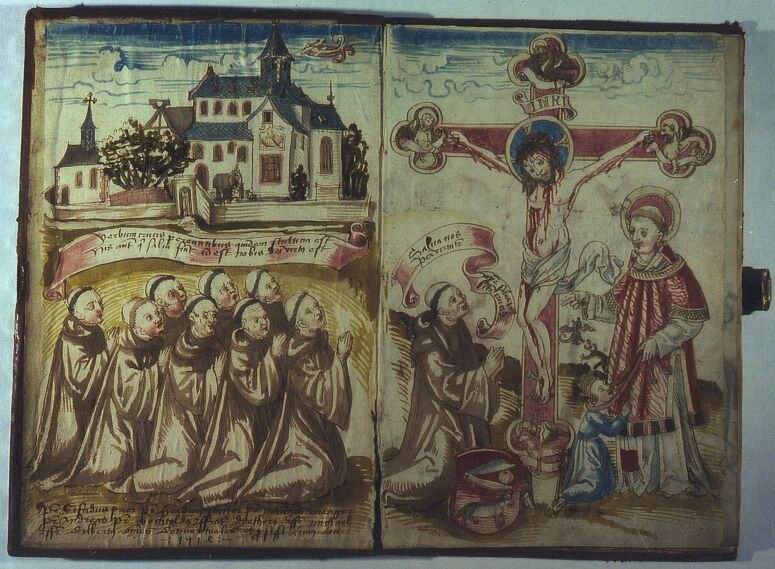 Salbuch (Libell) des Klosters Naumburg (Wetterau) zu Kaichen mit Abbildungen der Burg Friedberg und dem Hl. Georg als Schutzpatron der Burg. Bebilderte Handschrift, 5. Dezember 1514