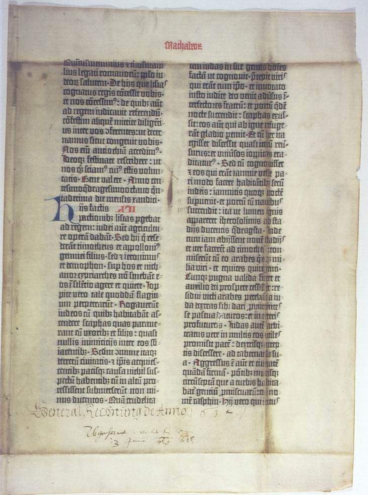 Fragment mit 36 Zeilen einer lateinischen Gutenberg-Bibel, um 1460