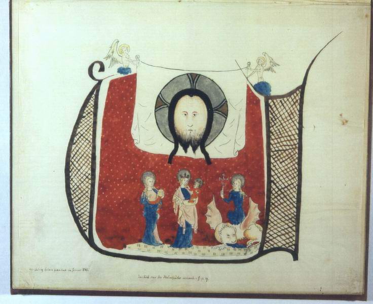 Handexemplar von Wilhelm Grimm zu seinem Vortrag über die Sage vom Ursprung der Christusbilder in Berlin mit Abbildung einer kolorierten Zeichnung des Christuskopfes (Initiale) und  Abzeichnungen von Christusbildern, 1842