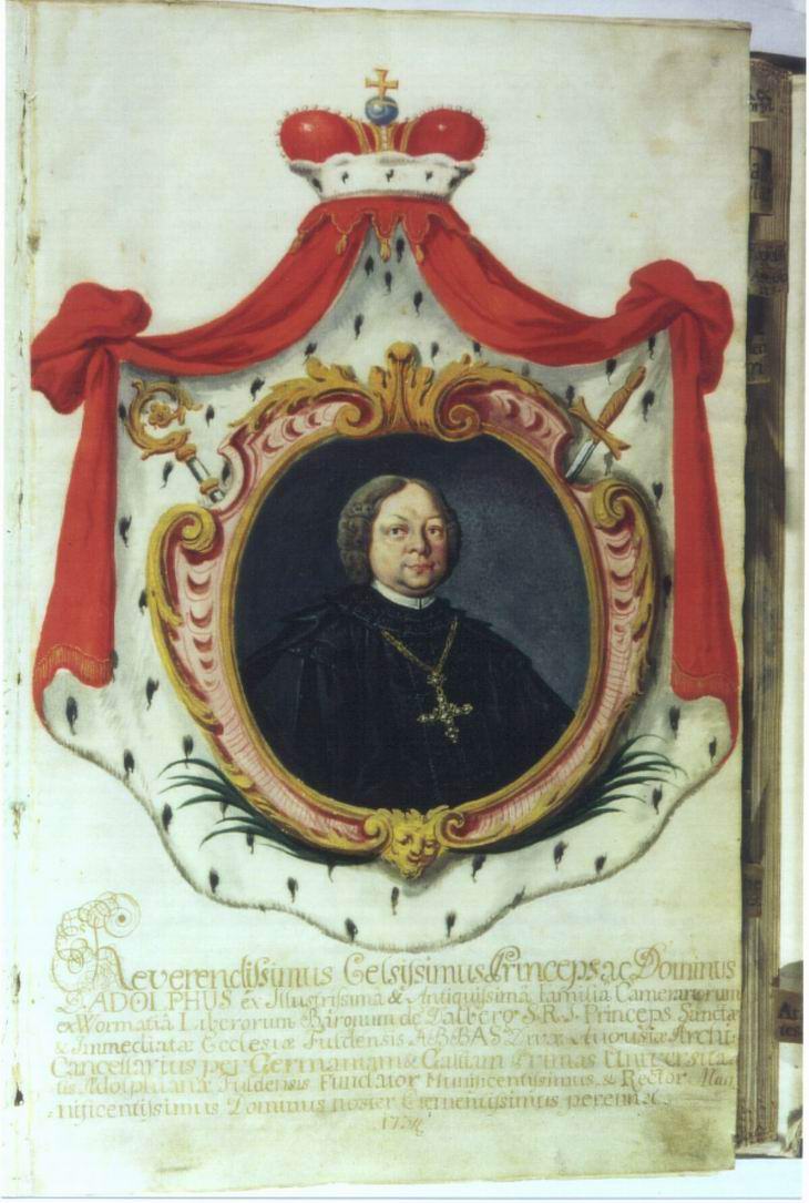 Matrikelbuch der Universität Fulda. Titelblatt mit Bildnis des Fürstabts Adolph von Dalberg, 1734-1805
