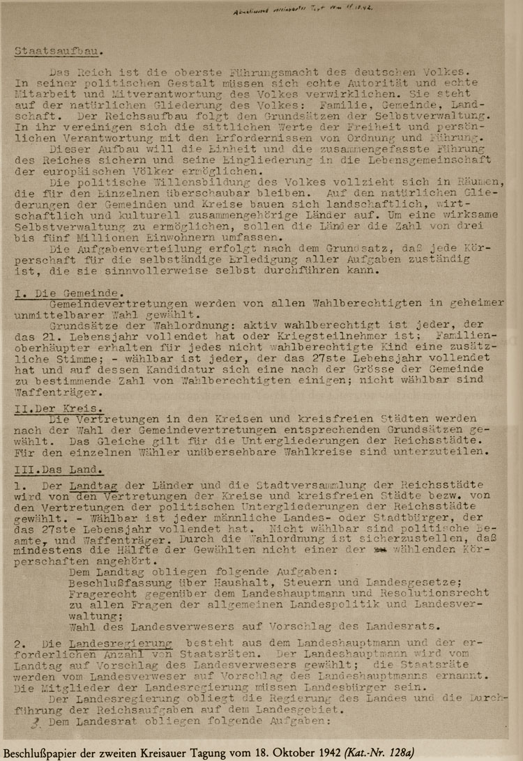 Beschlußpapier der zweiten Kreisauer  Tagung vom  18. Oktober 1942 (Auszug)