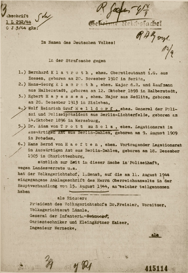 Das Todesurteil gegen Adam von Trott zu Solz und andere Mitglieder des Widerstands, verkündet am 15. August 1944