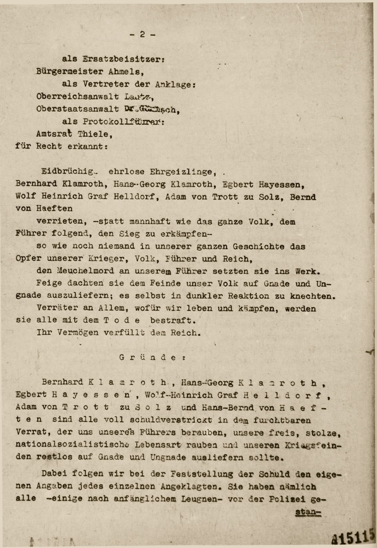 Das Todesurteil gegen Adam von Trott zu Solz und andere Mitglieder des Widerstands, verkündet am 15. August 1944