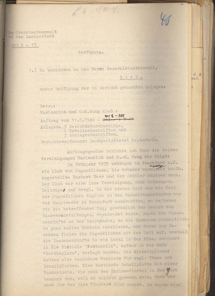 Bericht der Oberstaatsanwaltschaft bei dem Landgericht Frankfurt an den Generalstaatsanwalt über die Frankfurter Swingjugend vom Juli 1940