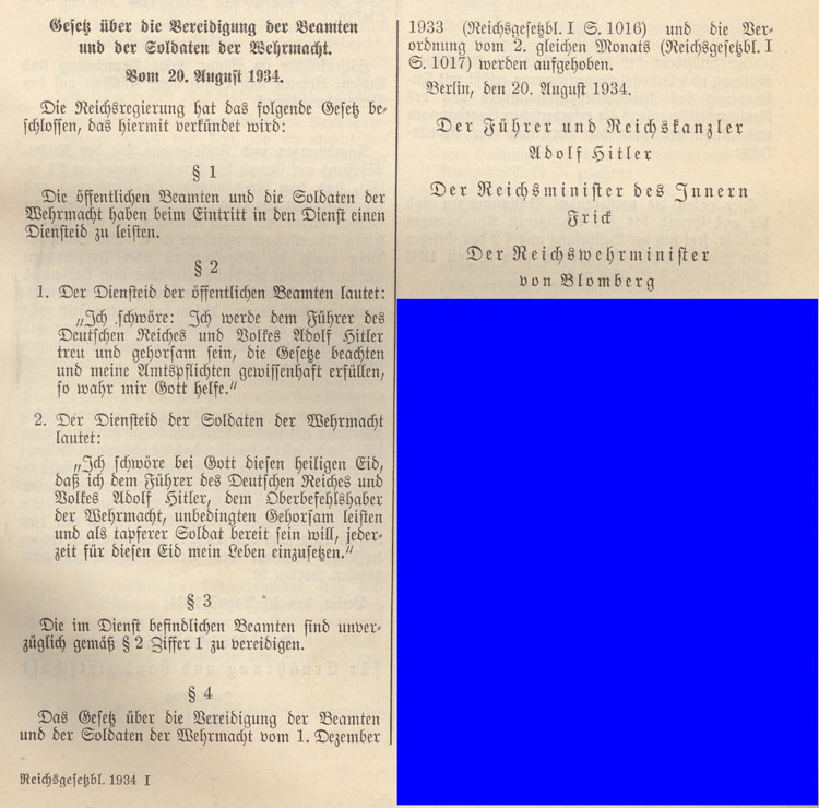 Gesetz über die Vereidigung der Beamten und Soldaten der Wehrmacht, 20. August 1934