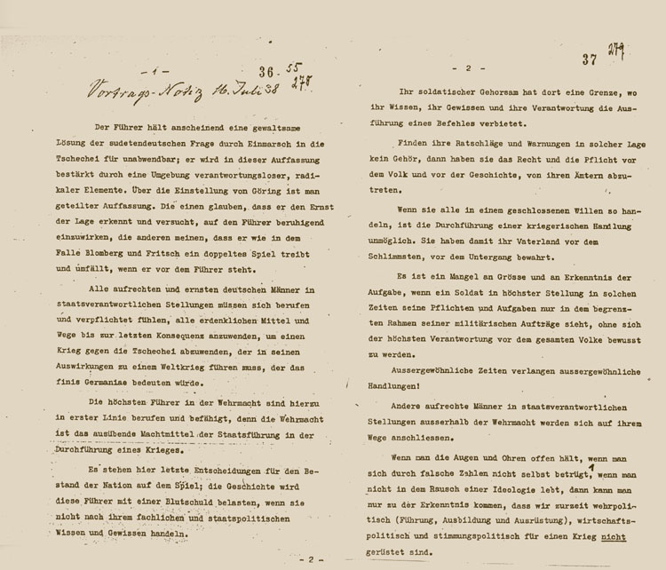 Vortragsnotiz Becks über die Gefahren eines Krieges mit der Tschechoslowakei, 16. Juli 1938