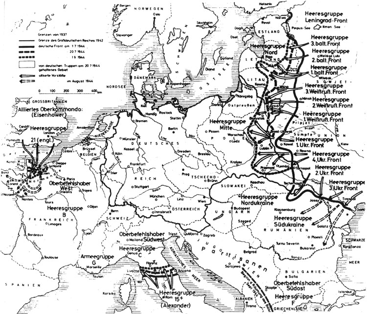 Die militärische Lage am 20. Juli 1944. Aus: Aufstand des Gewissens. Der militärische Widerstand gegen Hitler und das NS-Regime 1933-1945. Hrsg. vom Militärischen Forschungsamt, Herford und Bonn, 2. Auflage, 1985