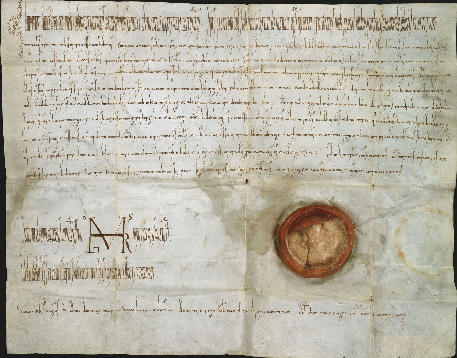 Kaiser Otto II. verleiht Abt Verinhar von Fulda den Wildbann und das Nutzungsrecht im Forst Branvirst, 25. Juli 980