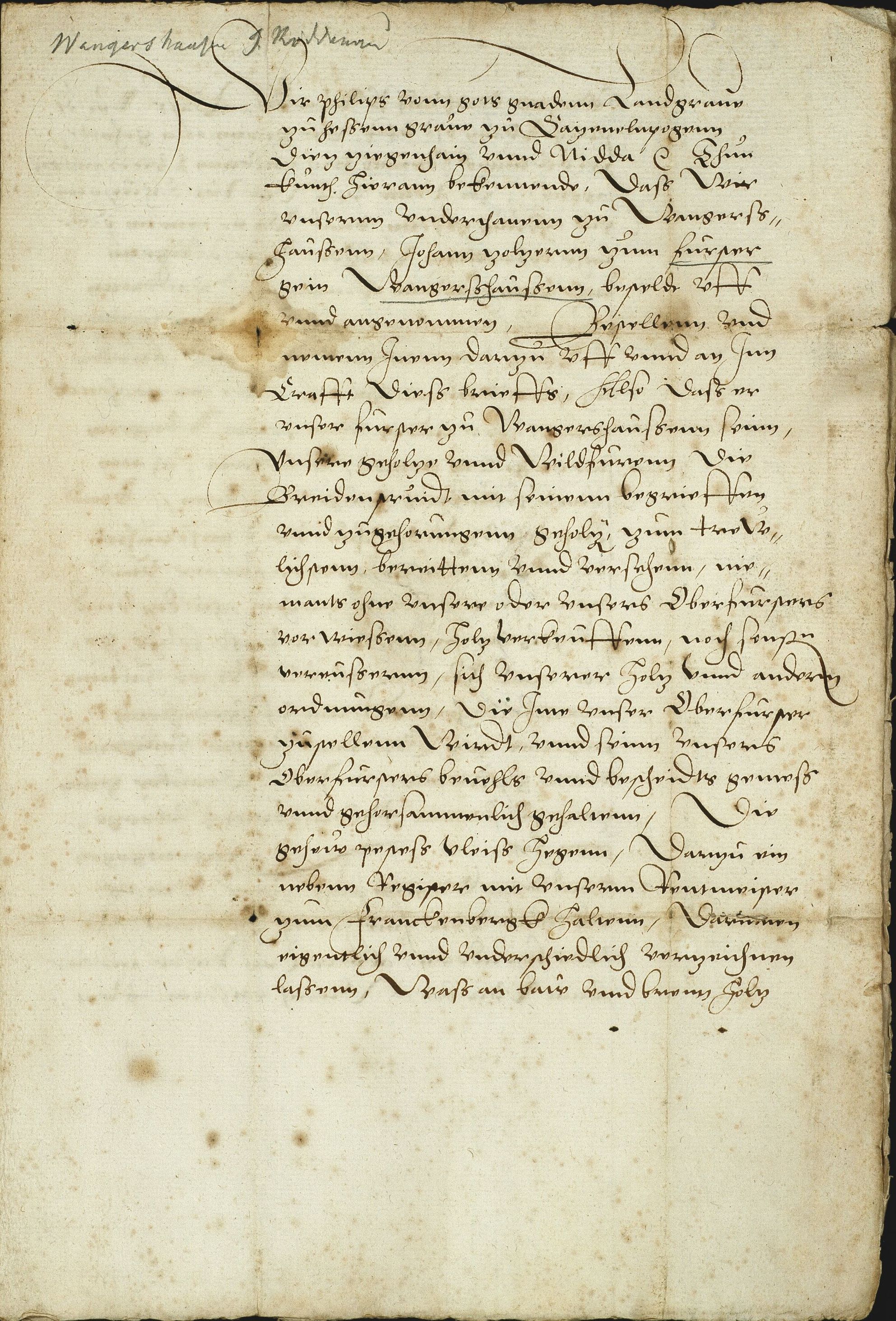 Landgraf Philipp der Großmütige bestellt Johann Zolzer zum Förster in Wangershausen, 05.02.1565