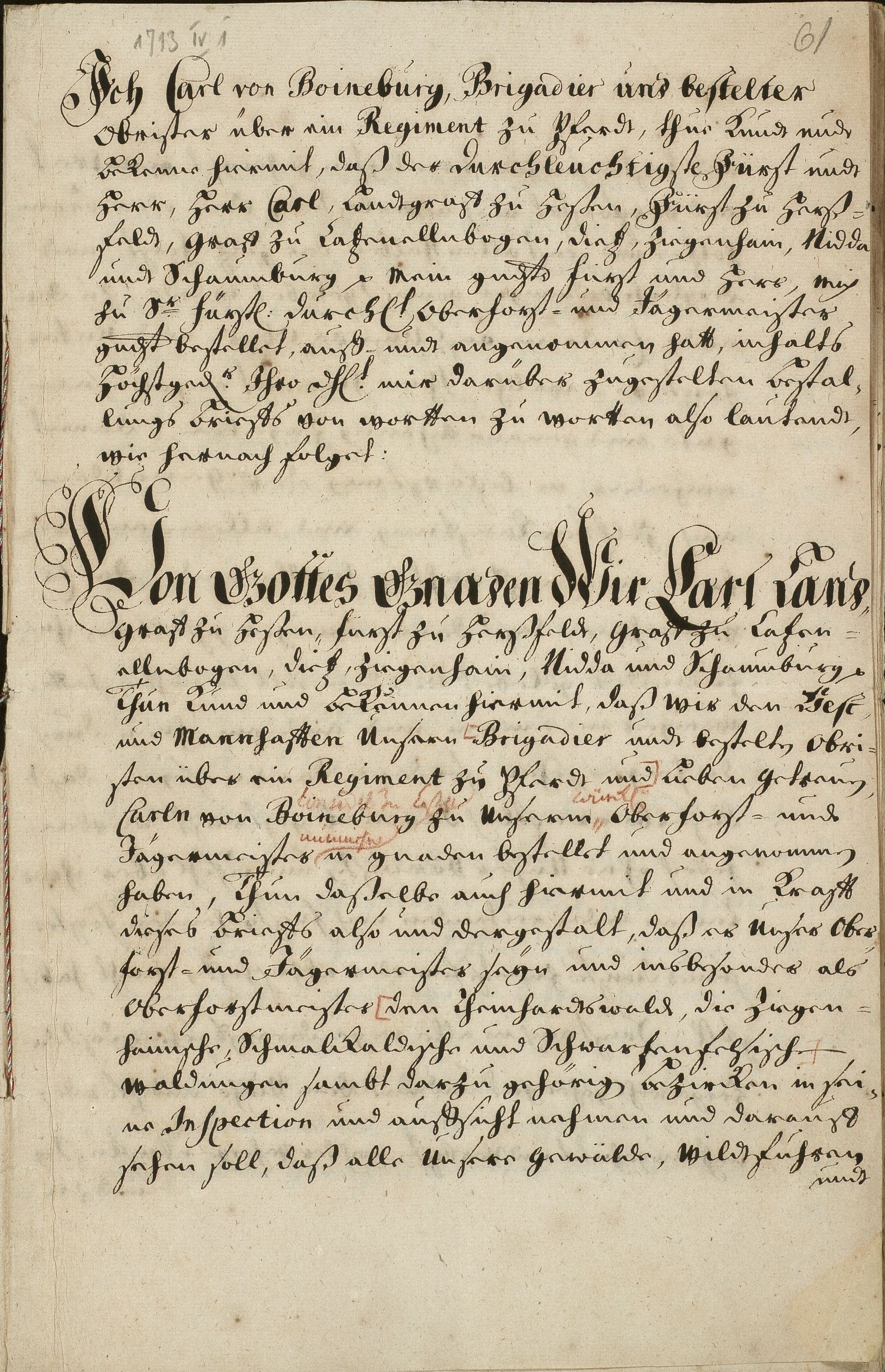 Bestallungsrevers für den Oberforst- und Oberjägermeister Carl v. Boineburg, 01.04.1713