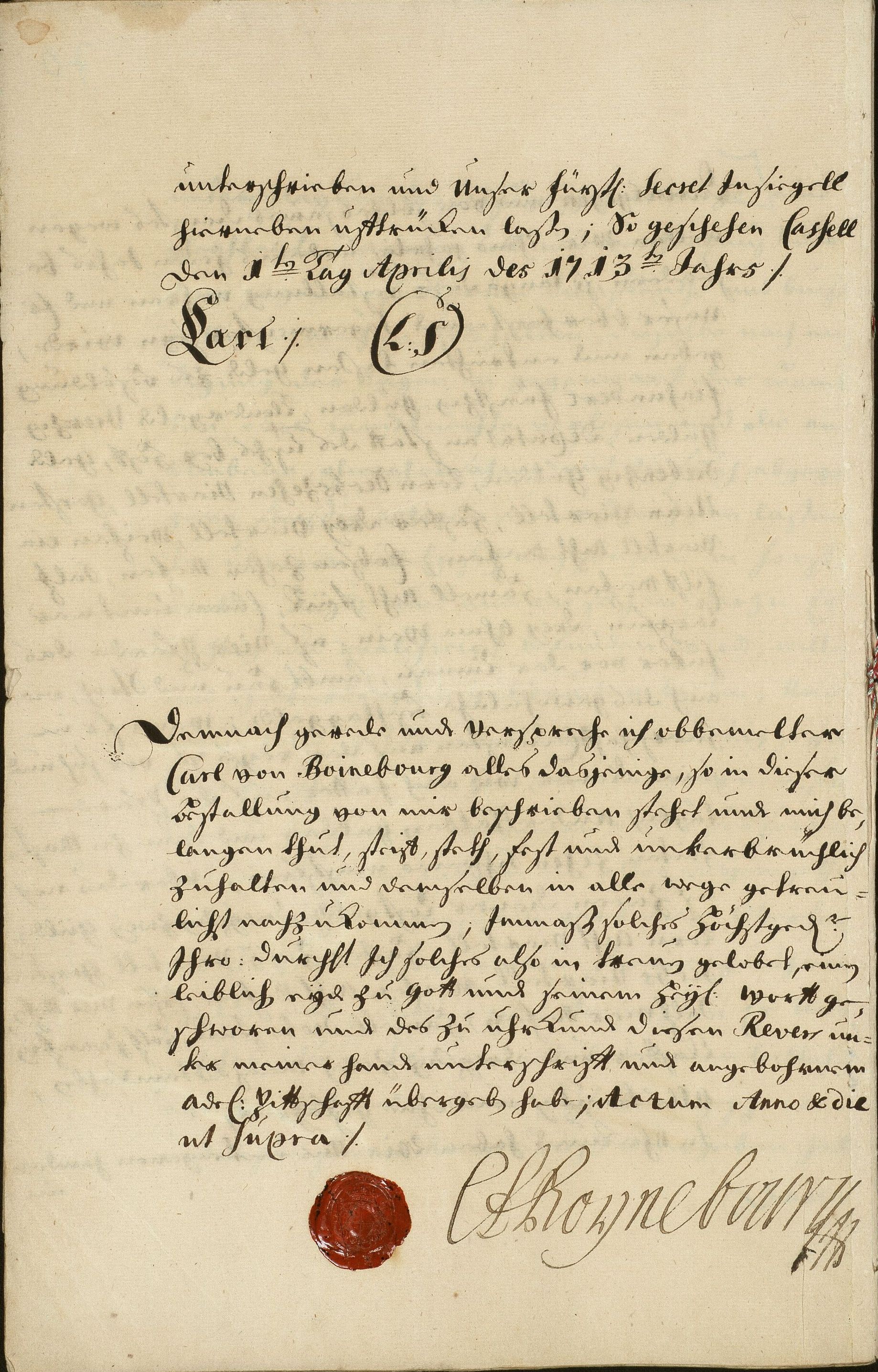 Bestallungsrevers für den Oberforst- und Oberjägermeister Carl v. Boineburg, 01.04.1713