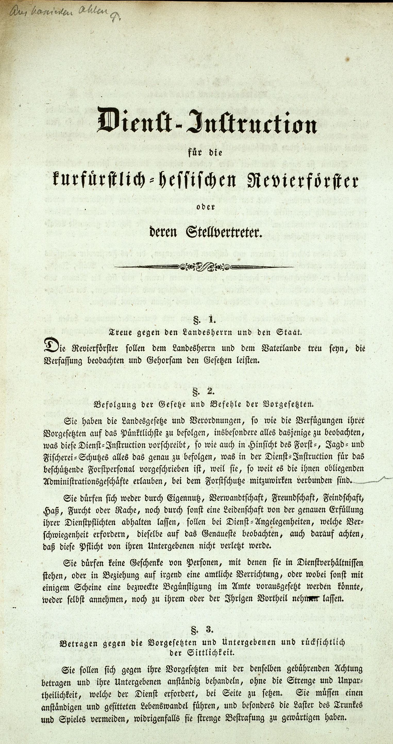 Dienstinstruktion für die kurhessischen Revierförster, 26.05.1834