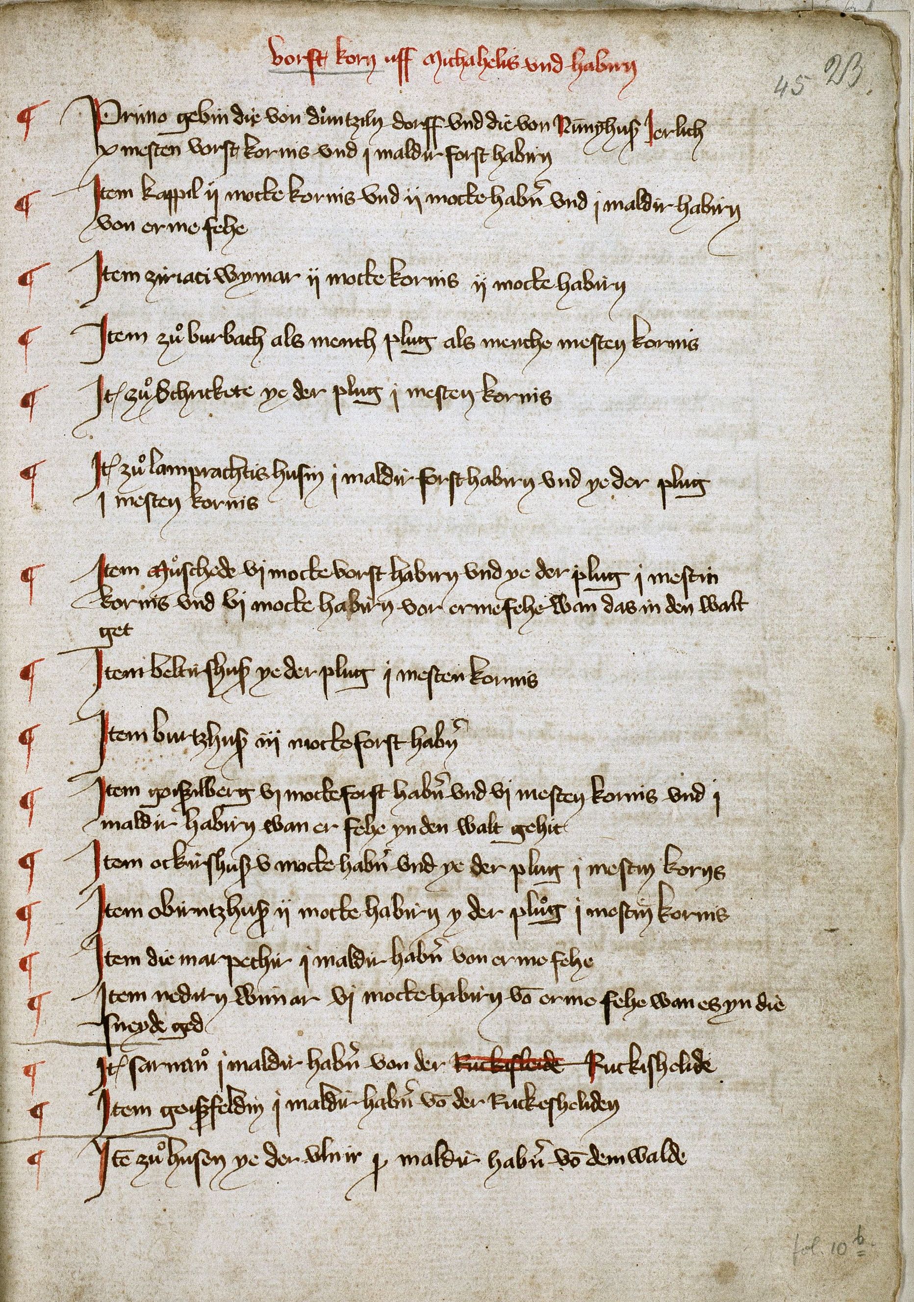 Salbuch des Amtes Marburg mit Auflistung des auf Michaelis (29. September) von den Untertanen für die Waldnutzung zu entrichtenden sog. Forstkorns und der Forsthafer, 22.02.1402 - 29.10.1407