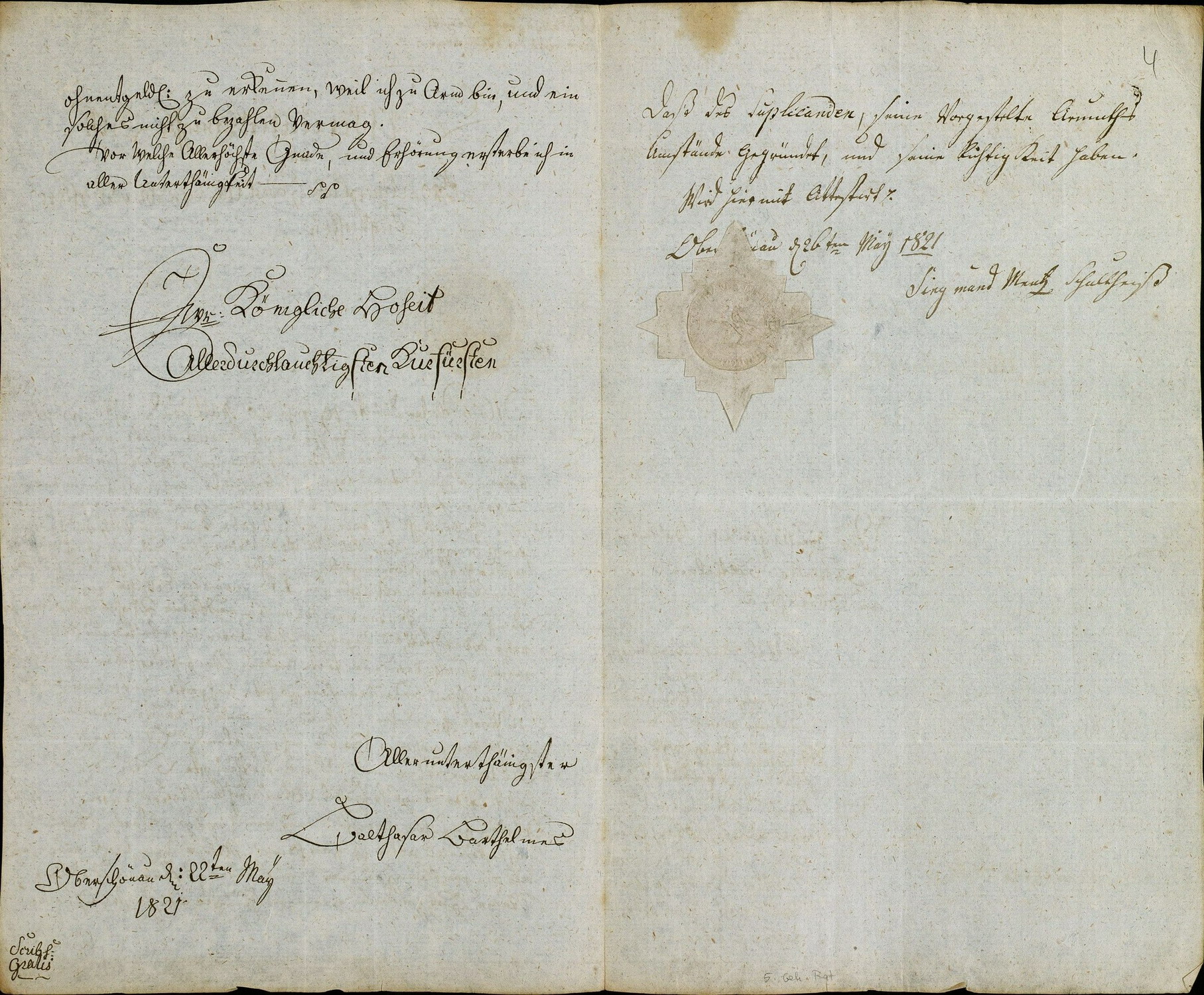 Gesuch des ehemaligen Soldaten Balthasar Bartholomäus um unentgeltliche Übereignung einer Waldparzelle und einiger Baumstämme zur Errichtung eines Wohnhauses, 22.05.1821
