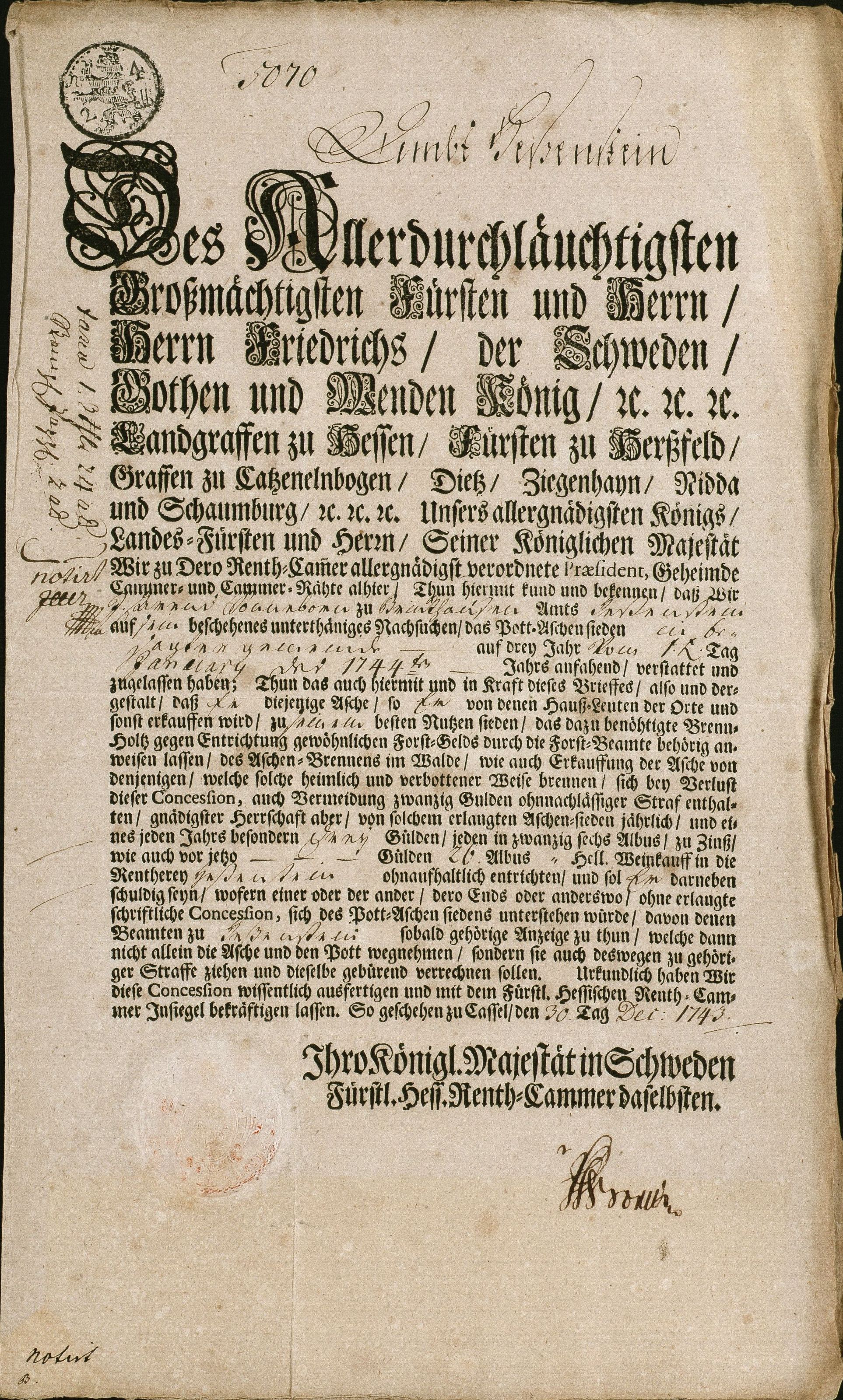 Konzessionsschein zur Pottaschesiederei für Johann Arend Sonneborn aus Bringhausen im Amt Hessenstein, 30.12.1743