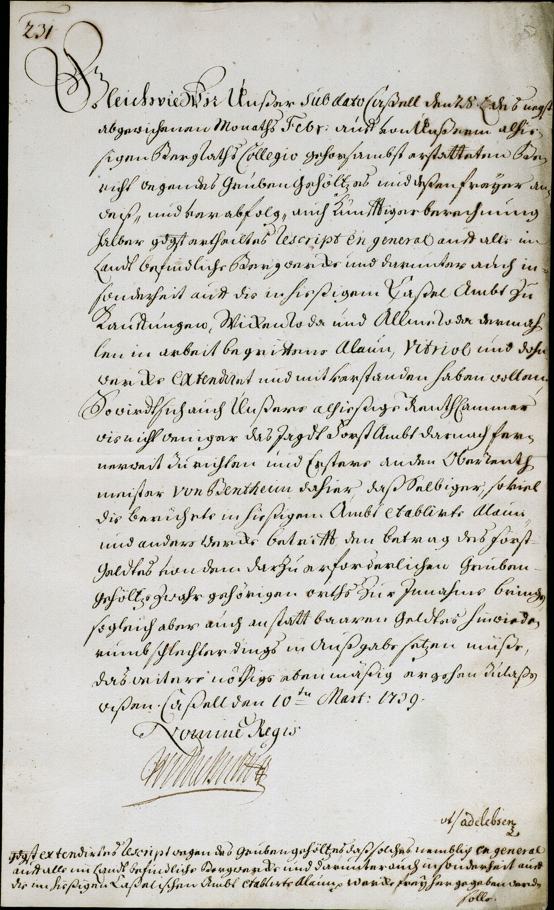 Reskript Landgraf Wilhelms VIII. an die Rentkammer über die freie Verabfolgung der Grubengehölze an die im Lande befindlichen Bergwerke, 10.03.1739
