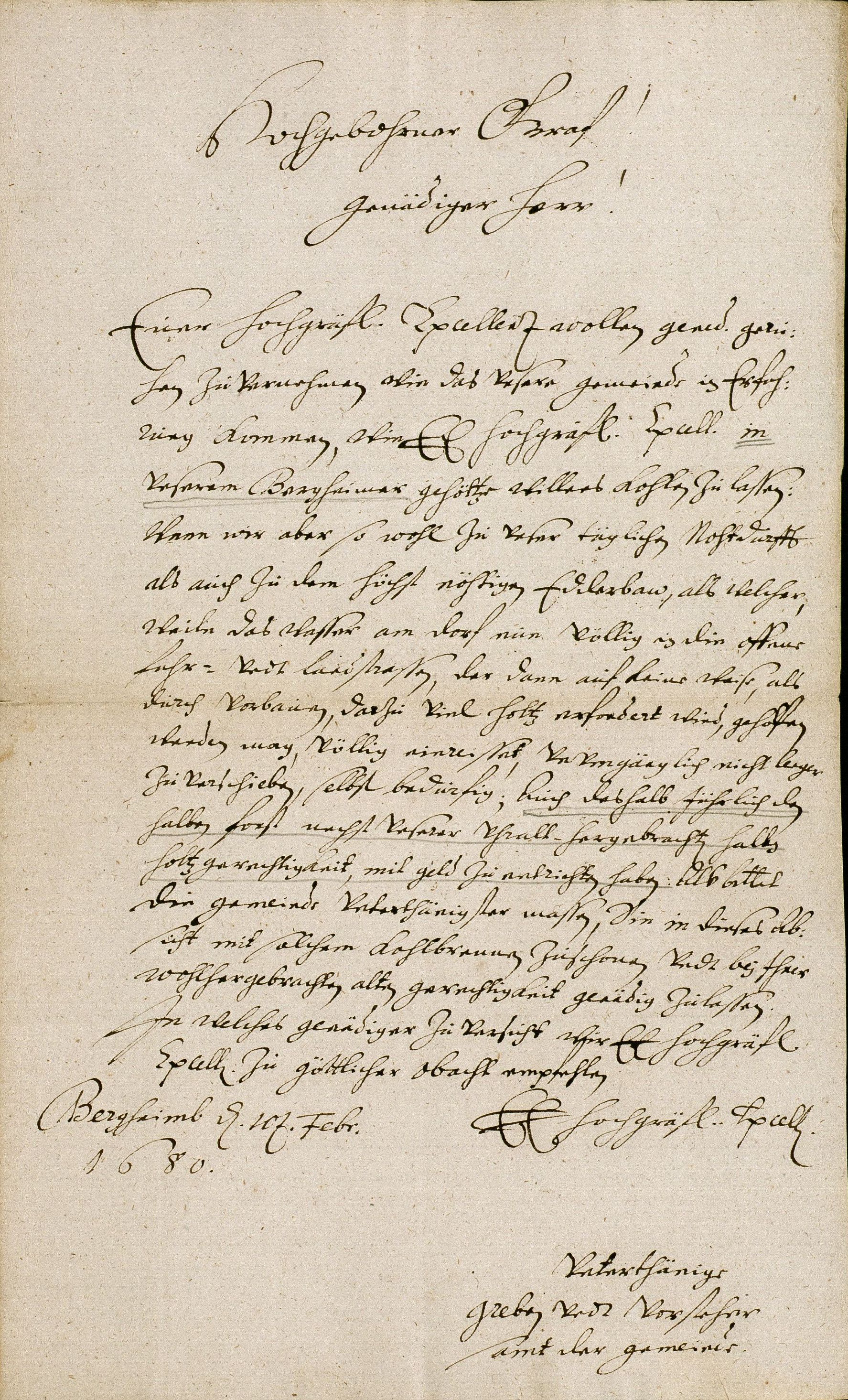 Grebe, Vorsteher und Gemeinde zu Bergheim bitten Graf Christian Ludwig zu Waldeck-Pyrmont um Verschonung ihres Waldes vor Köhlern, 10.02.1680