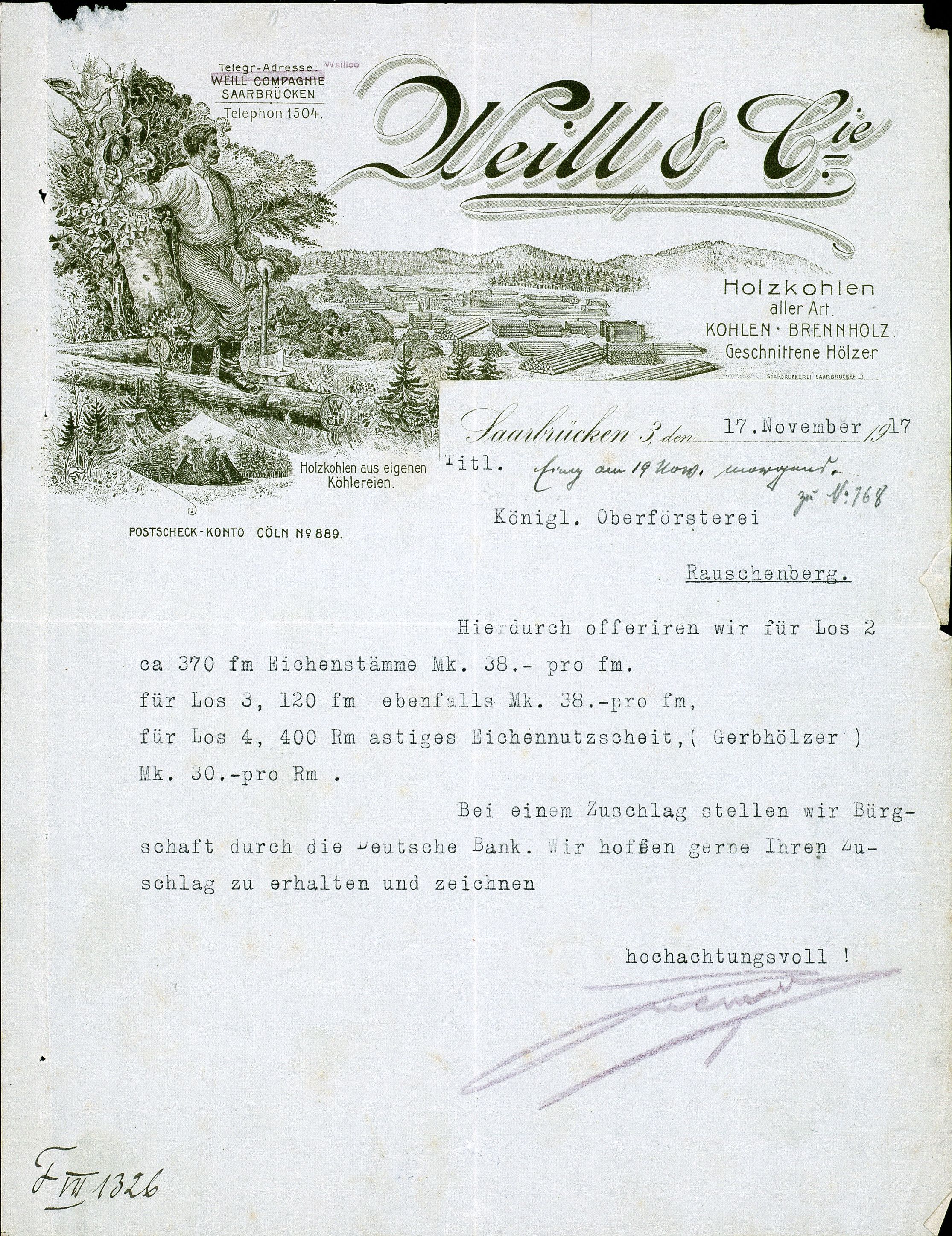 Holzangebot der Firma Weill & Co. Saarbrücken, 17.11.1917