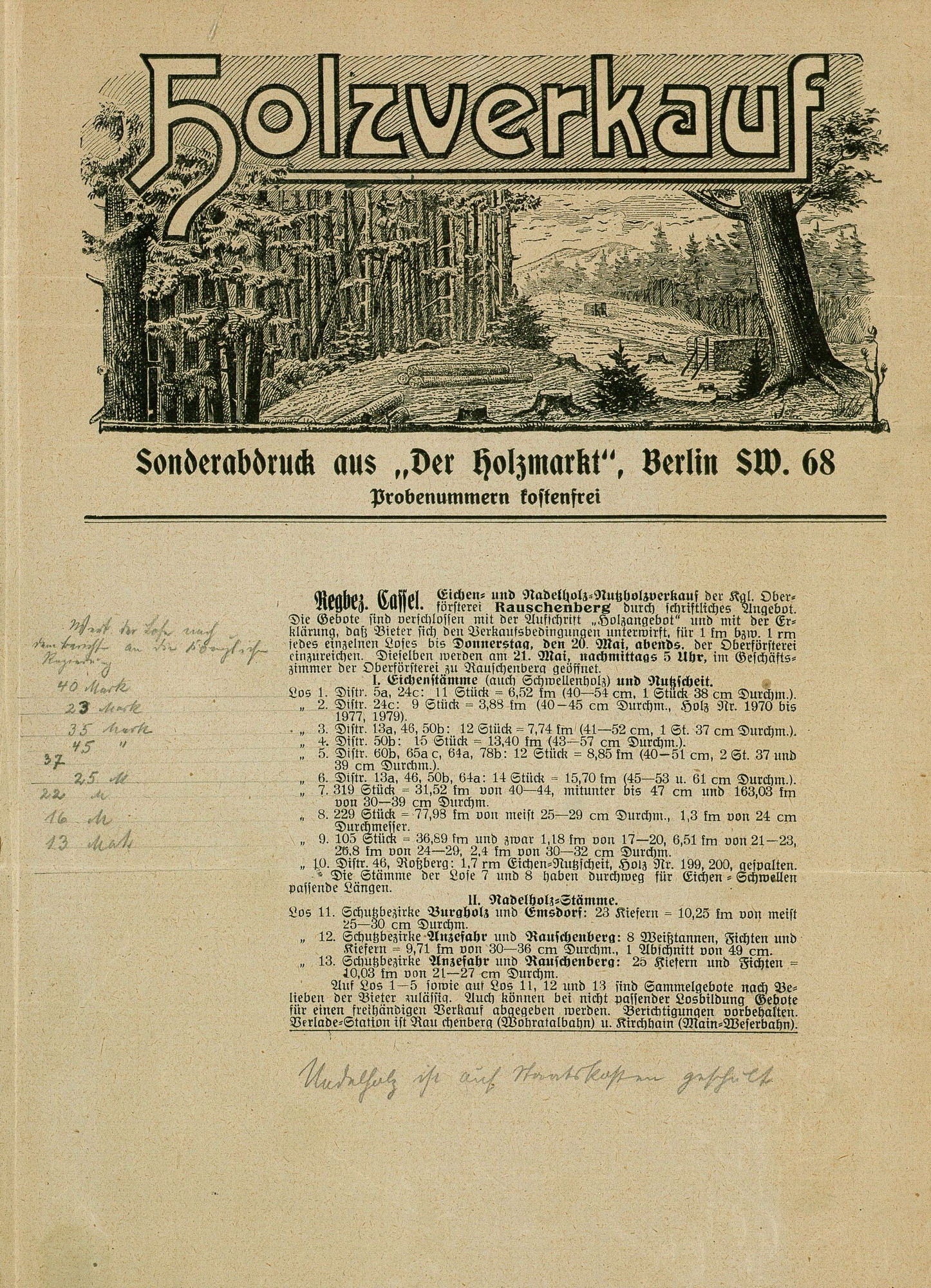 Holzverkaufsanzeige der Oberförsterei Rauschenberg
