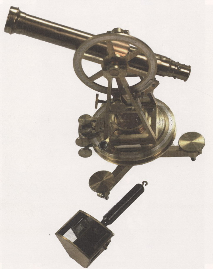 Theodolith zur Vermessung von Waldflächen, Bestandsgrenzen, Wegen und Bachläufen und Winkelspiegel zur Aufnahme rechter Winkel im Gelände, 1919 - 1930