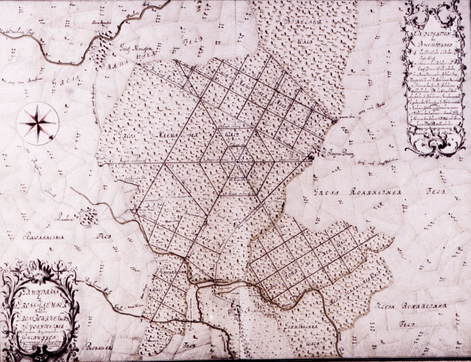 Blatt 20 (Groß-Rohrheim) aus dem Forst- und Jagdatlas des Landgrafen Ludwig VIII. von Hessen-Darmstadt, 1761