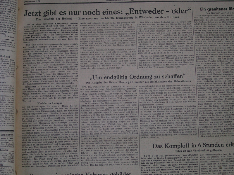 Bericht der Wiesbadener Zeitung  vom 22./23 Juli 1944 über die „Treuekundgebung“ für Adolf Hitler in Wiesbaden am 21. Juli 1944