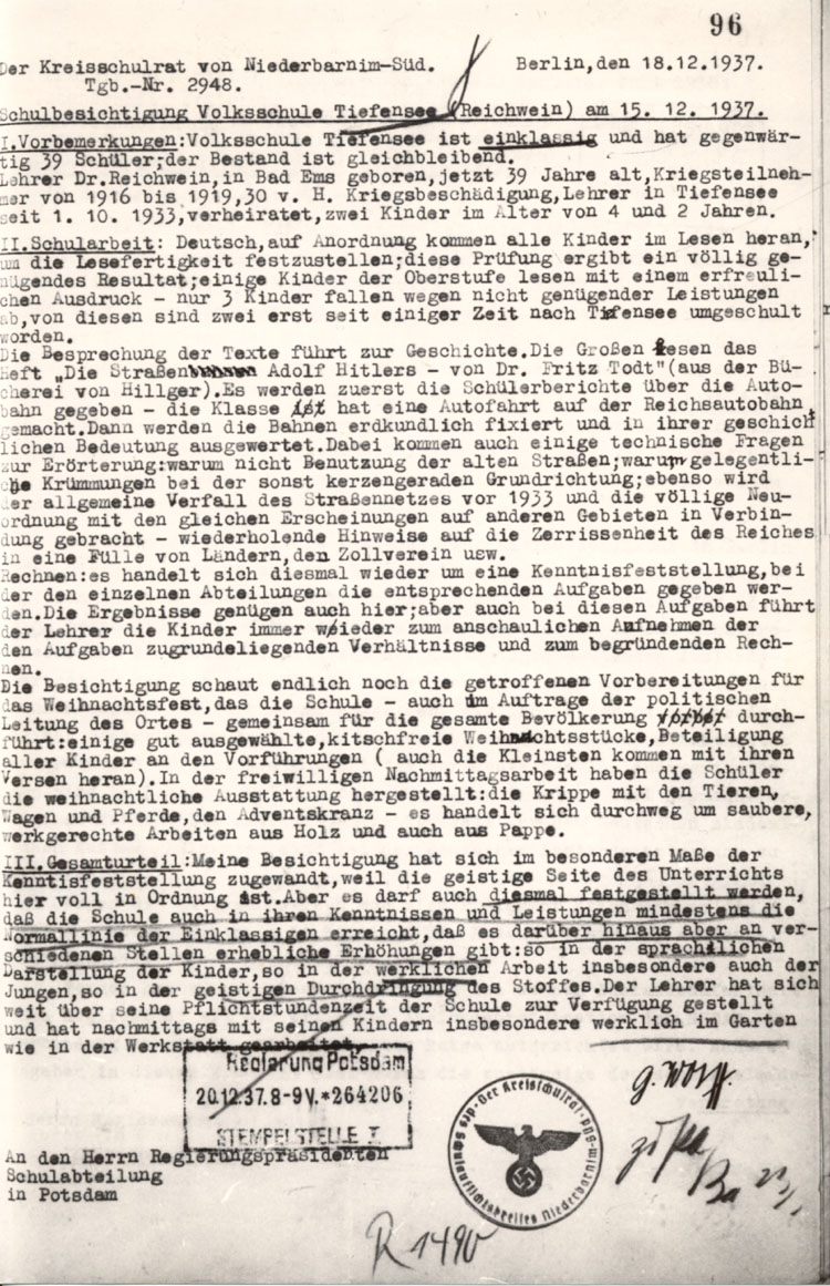Inspektionsbericht des Kreisschulrates Georg Wolff über die von Reichwein geführte Volksschule Tiefensee, 18. Dezember 1937