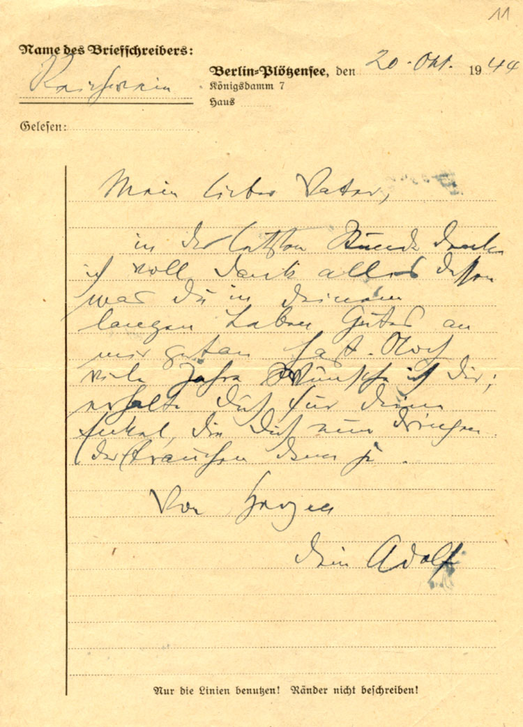 Adolf Reichweins Abschiedsbrief an seinen Vater, 20. Oktober 1944