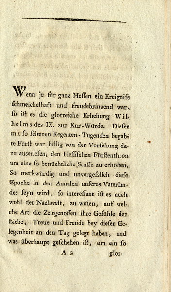 Amtlicher Druck über die Feierlichkeiten zur Erhebung Landgraf Wilhelms IX. zum Kurfürsten 1803