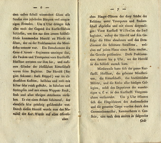 Amtlicher Druck über die Feierlichkeiten zur Erhebung Landgraf Wilhelms IX. zum Kurfürsten 1803