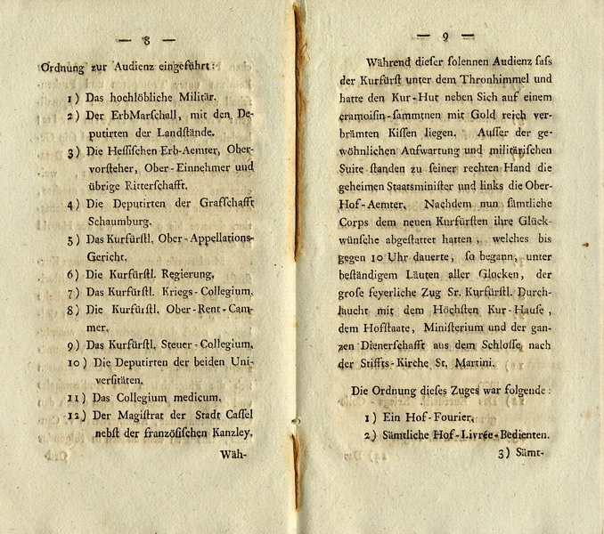 Amtlicher Druck über die Feierlichkeiten zur Erhebung Landgraf Wilhelms IX. zum Kurfürsten 1803