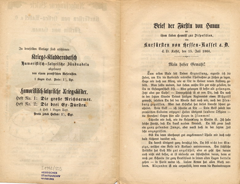 Preußische Persiflage auf den letzten Kurfürsten Friedrich Wilhelm I. 1866