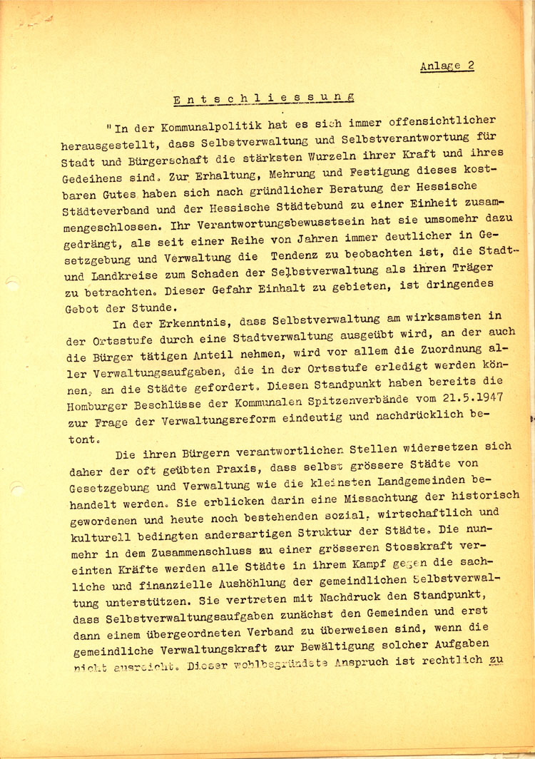 Entschließung des neugegründeten Hessischen Städtetages zur kommunalen Selbstverwaltung in Hessen, 25. Mai 1950