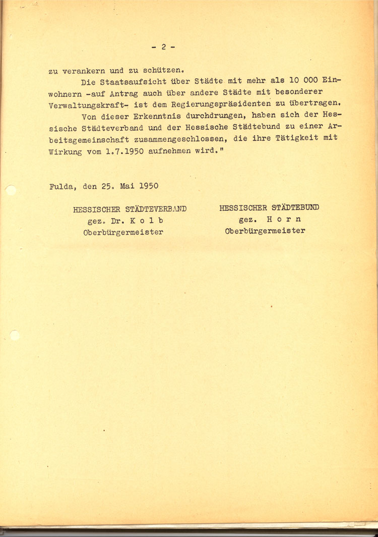 Entschließung des neugegründeten Hessischen Städtetages zur kommunalen Selbstverwaltung in Hessen, 25. Mai 1950