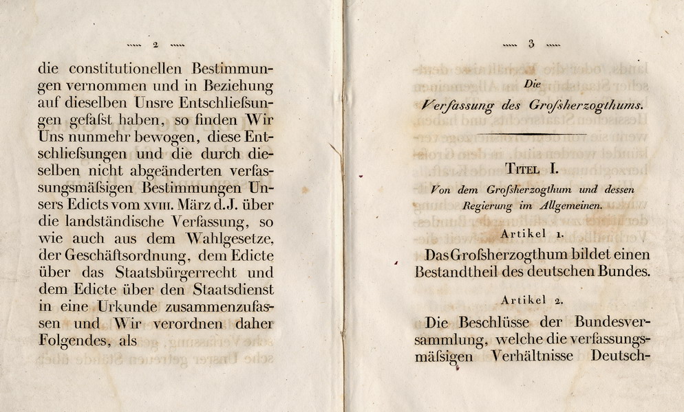 Festdruck der Verfassung des Großherzogtums Hessen (1820),  Gießen 1822