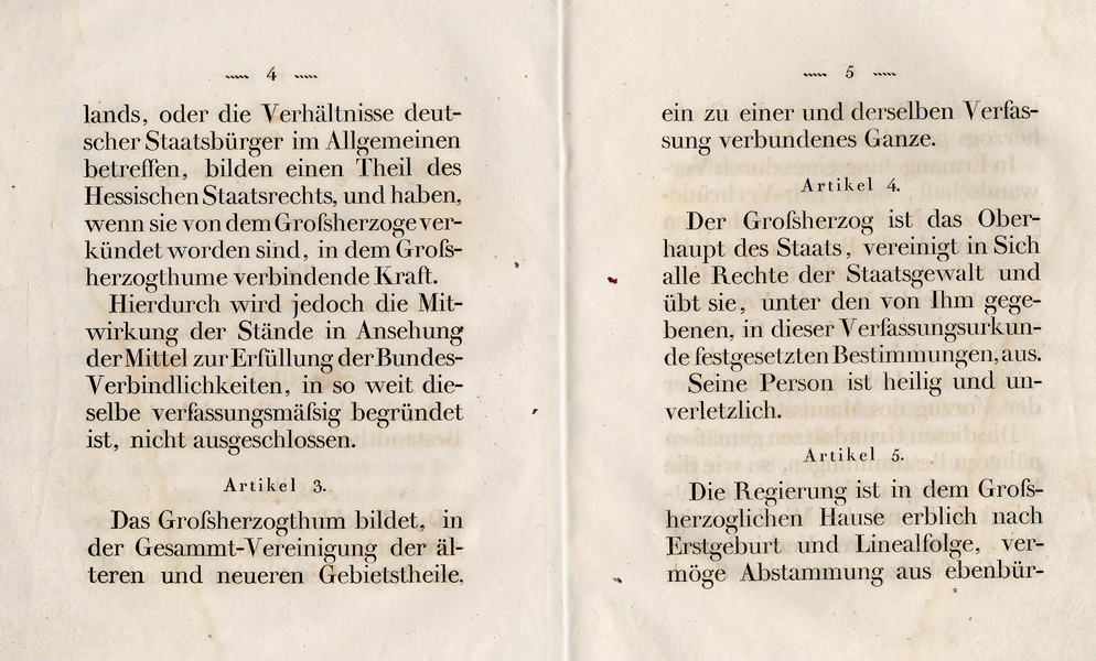 Die Verfassung des Großherzogtums Hessen, Titel 1:  Von dem Großherzogtum und dessen Regierung im Allgemeinen, Artikel 1-5, 1820