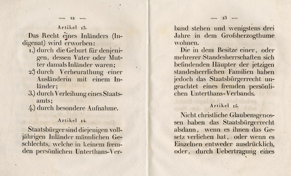 Die Verfassung des Großherzogtums Hessen, Titel 3: Von den allgemeinen rechten und Pflichten der Hessens, Art. 12 - 36, 1822