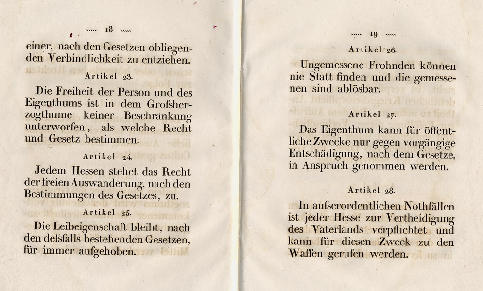 Die Verfassung des Großherzogtums Hessen, Titel 3: Von den allgemeinen rechten und Pflichten der Hessens, Art. 12 - 36, 1822