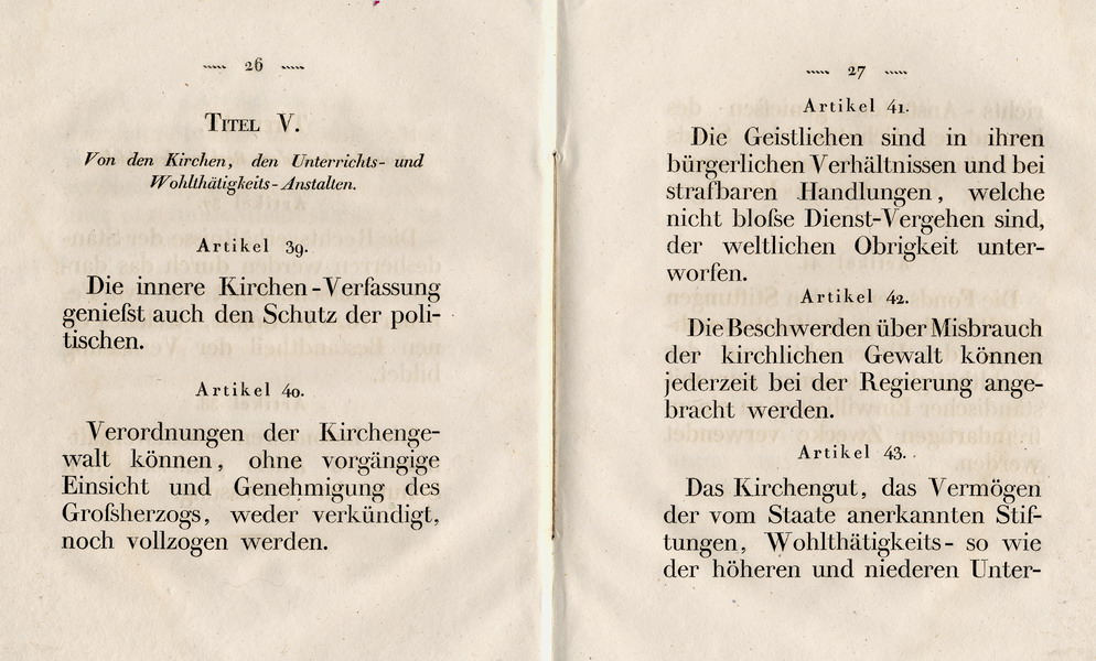 Die Verfassung des Großherzogtums Hessen, Titel 5: Von den Kirchen, den Unterrichts- und Wohltätigkeitsanstalten, Art. 39 - 44, 1822