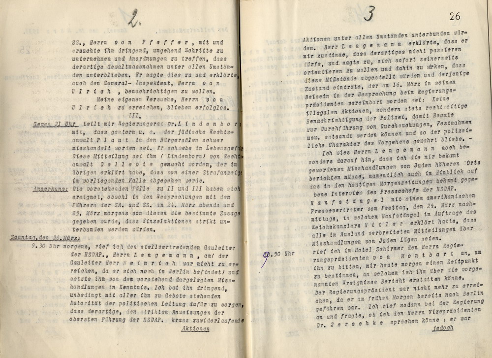 Vermerk des Polizeipräsidenten über die Misshandlung jüdischer Mitbürger durch die SA am 24. und 25. März 1933, Kassel, den 28. März 1933.