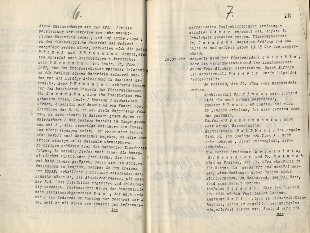 Vermerk des Polizeipräsidenten über die Misshandlung jüdischer Mitbürger durch die SA am 24. und 25. März 1933, Kassel, den 28. März 1933.