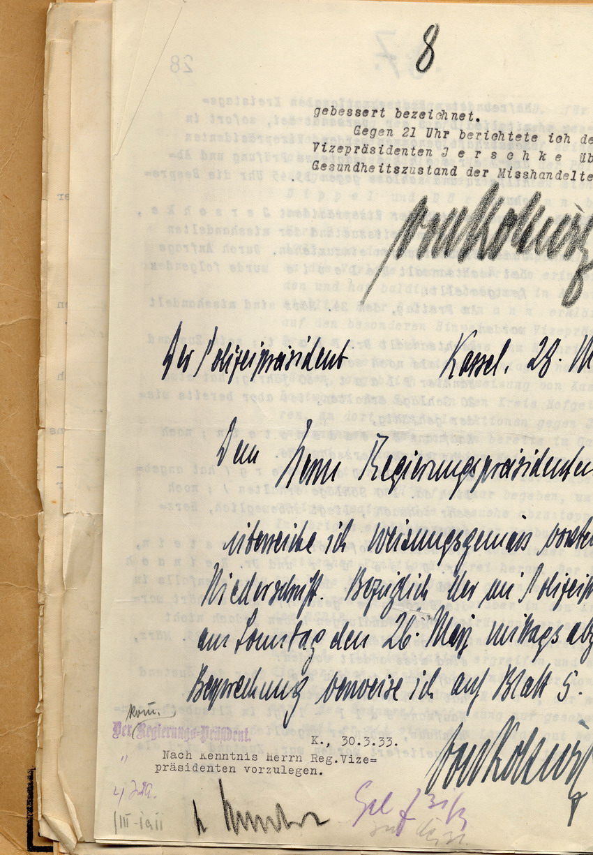Vermerk des Polizeipräsidenten über die Misshandlung jüdischer Mitbürger durch die SA am 24. und 25. März 1933, Kassel, den 28. März 1933.