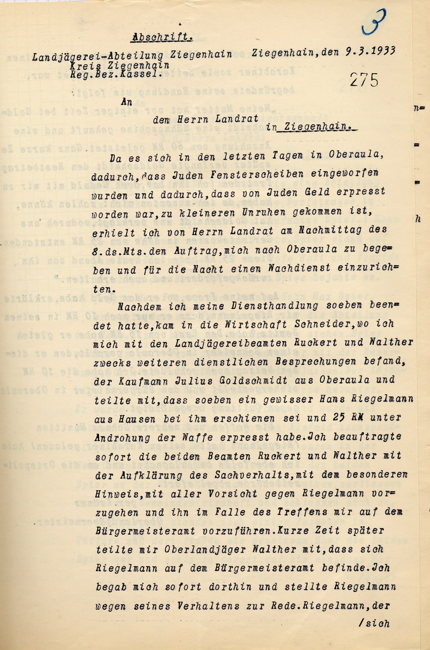 Bericht der Polizei über die Erpressung eines jüdischen Mitbürgers durch einen SA-Mann, Ziegenhain, den 9. März 1933.