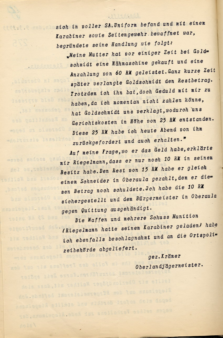 Bericht der Polizei über die Erpressung eines jüdischen Mitbürgers durch einen SA-Mann, Ziegenhain, den 9. März 1933.
