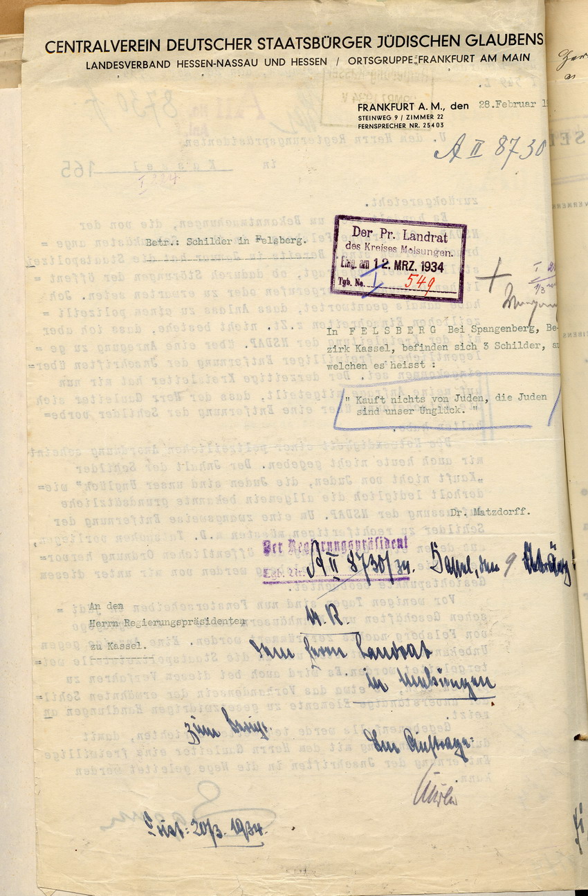 Beschwerde des Centralvereins deutscher Staatsbürger jüdischen Glaubens über diskriminierende Schilder in Felsberg, Frankfurt a.M., den 28. Februar 1934