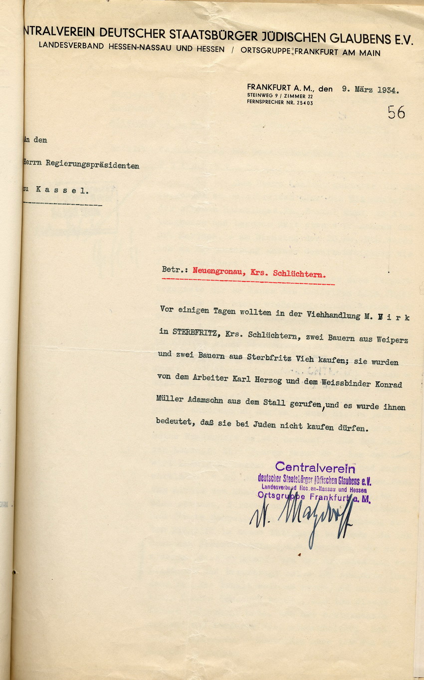 Eingabe des Centralvereins deutscher Staatsbürger jüdischen Glaubens über die Diskriminierung jüdischer Mitbürger in Neuengronau, Frankfurt a.M., den 9. März 1934.