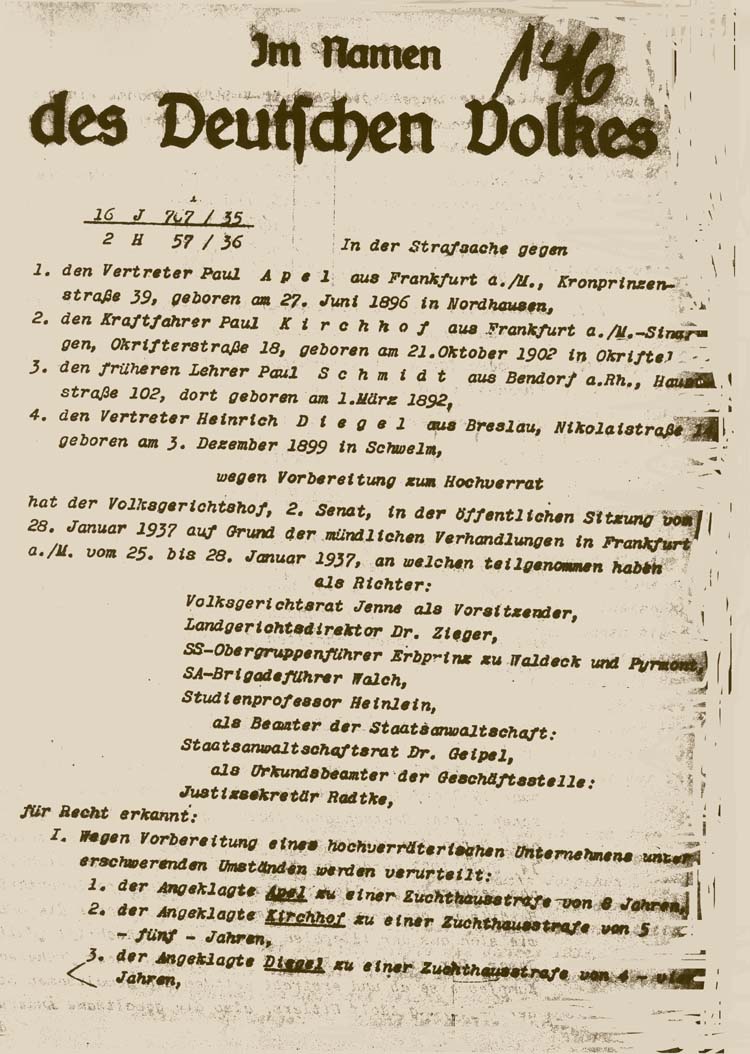 Auszug aus dem Urteil des Volksgerichtshofes gegen Paul Apel, Paul Kirchhof, Paul Schmidt und Heinrich Diegel „wegen Vorbereitung zum Hochverrat“